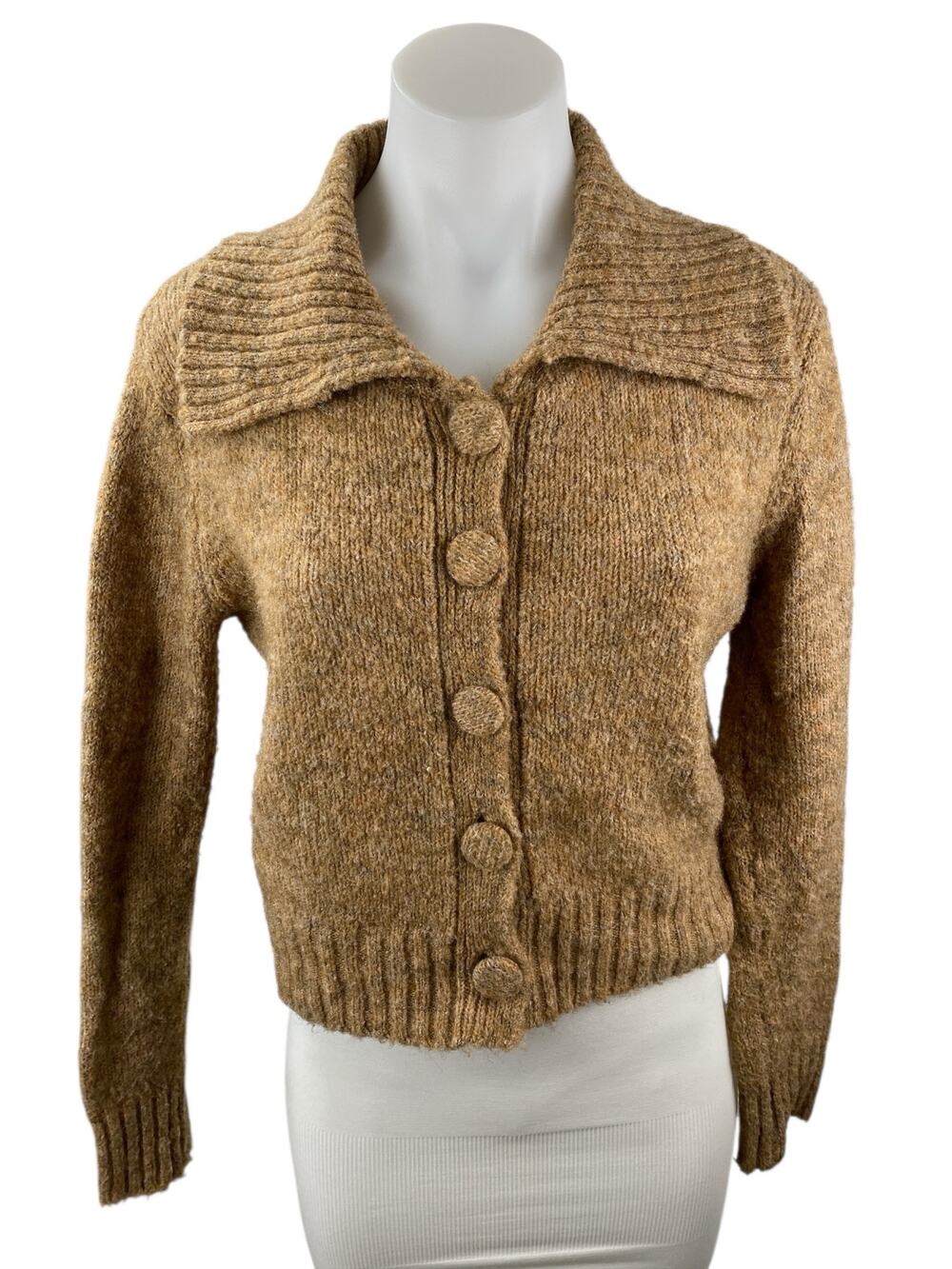 Lush Brown Wool Collared Long Sleeve Button Down Crop Cardigan Sweater Top Sz S